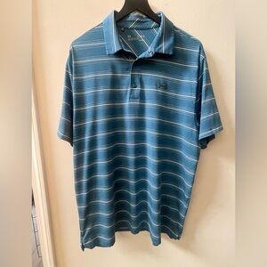Under Armour short sleeve polo, blue with white and grey stripes, men’s XL